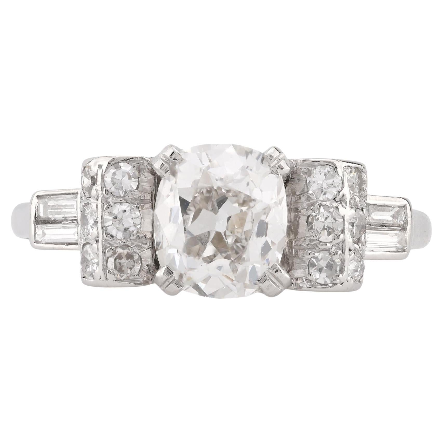 Art Deco GIA 1.54 Carat Cushion Cut Diamond Platinum Engagement Ring