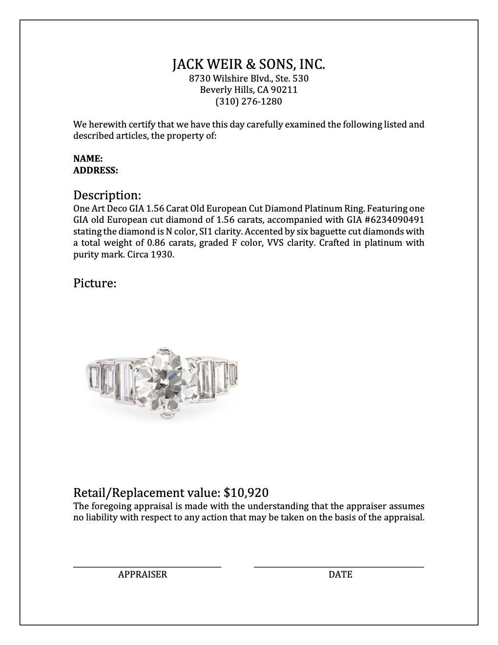 Platinring mit GIA 1.56 Karat Diamant im alteuropäischen Schliff im Art déco-Stil 3