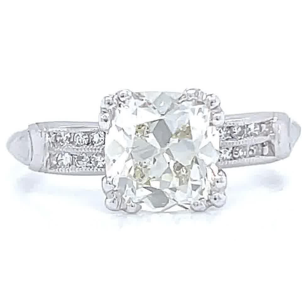 Art Deco GIA 1.58 Carat Antique Cushion Cut Diamond Platinum Engagement Ring In Excellent Condition In Beverly Hills, CA