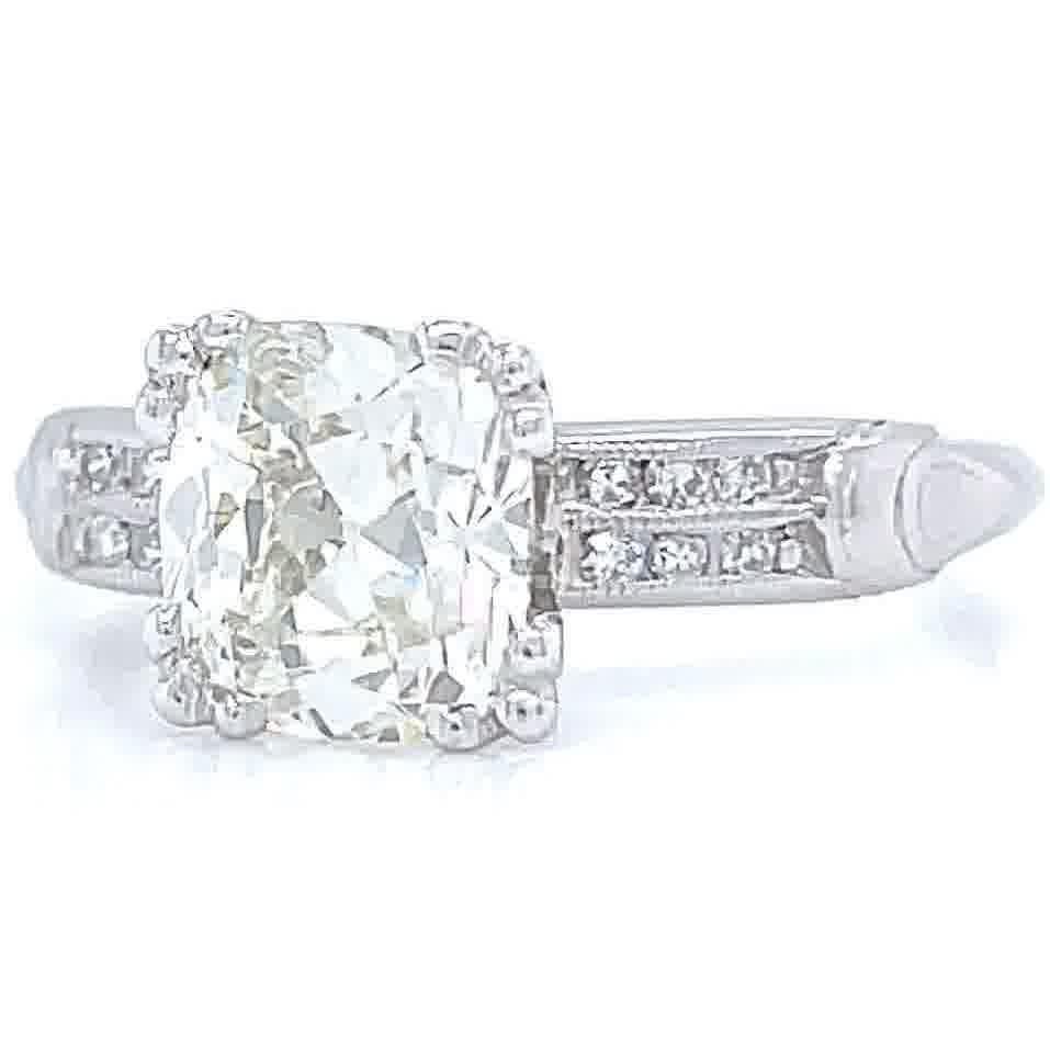 Women's Art Deco GIA 1.58 Carat Antique Cushion Cut Diamond Platinum Engagement Ring