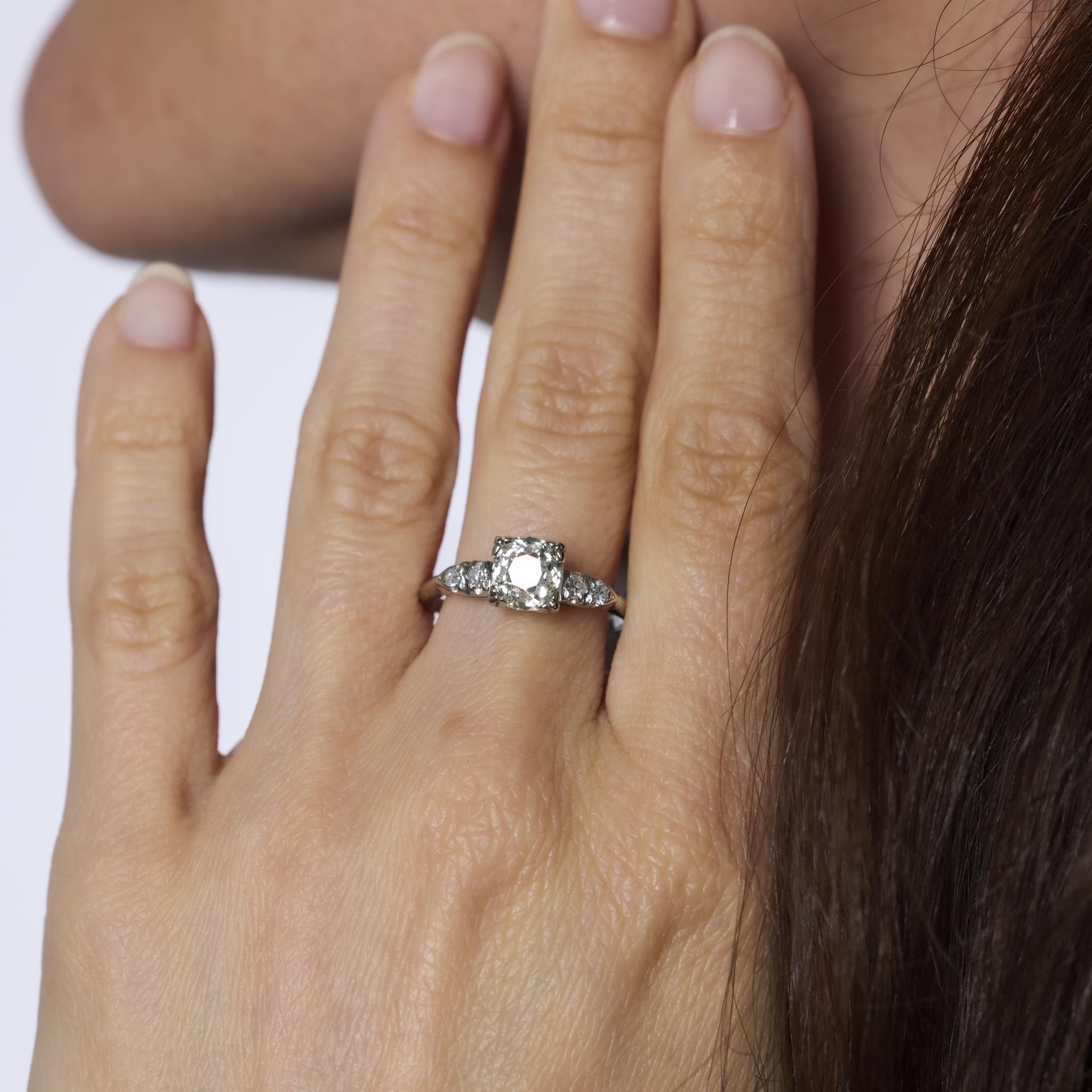 Art Deco GIA 1.58 carat old mine cut diamond 14k white gold engagement ring In Good Condition For Sale In Beverly Hills, CA