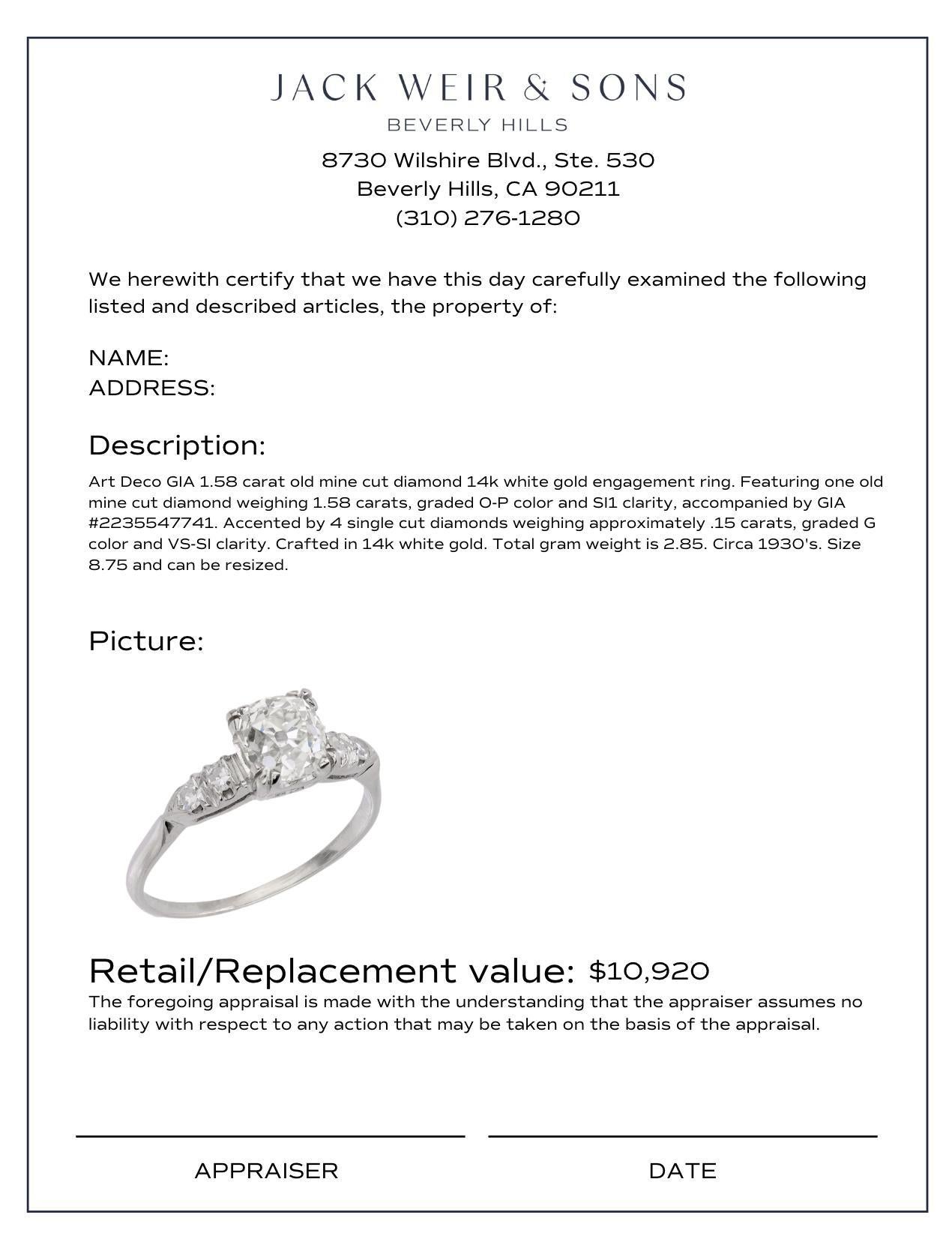 Art Deco GIA 1.58 carat old mine cut diamond 14k white gold engagement ring For Sale 2