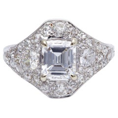 Art Deco GIA 1.58 Carats Emerald Cut Diamond 18k White Gold Cluster Ring