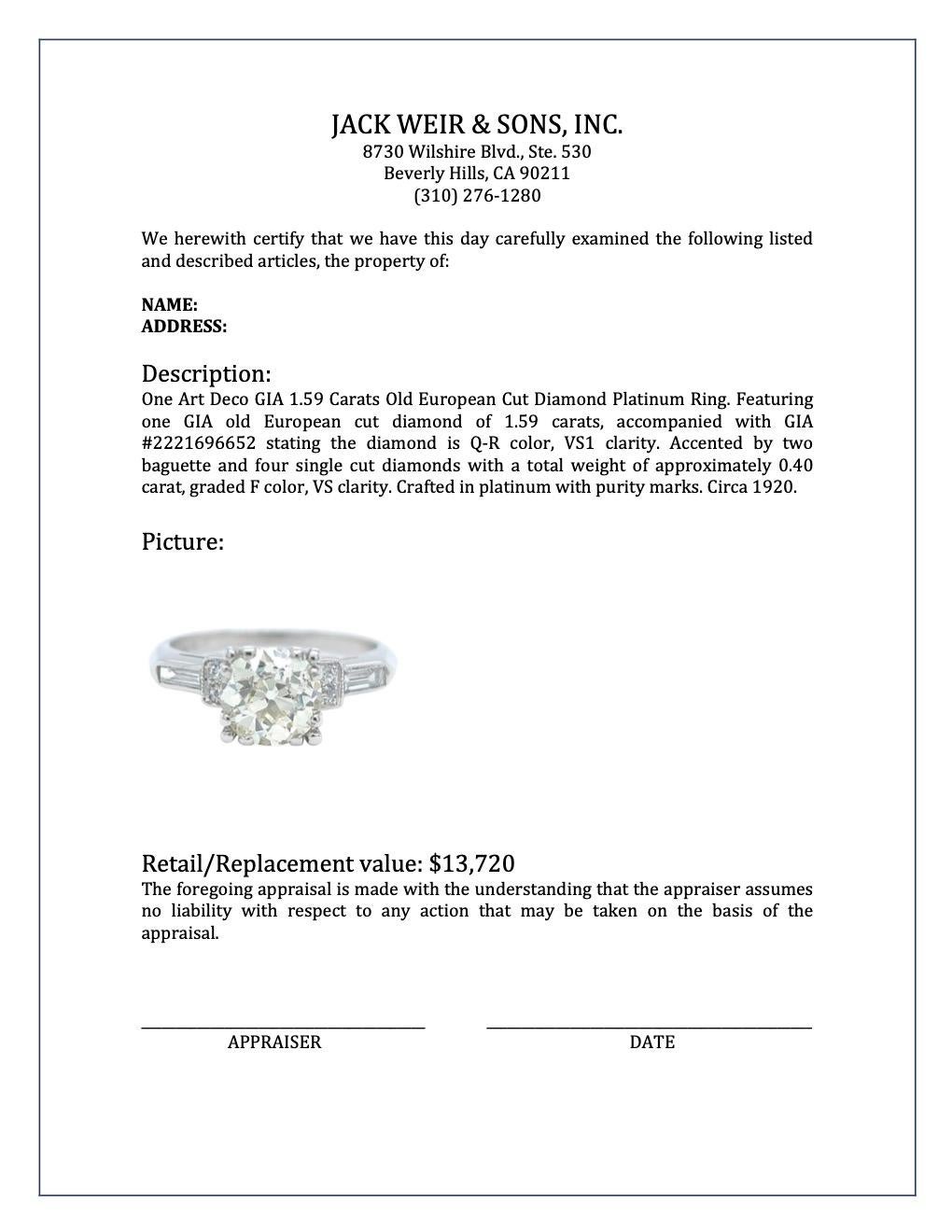 Art Deco GIA 1.59 Carats Old European Cut Diamond Platinum Ring 4