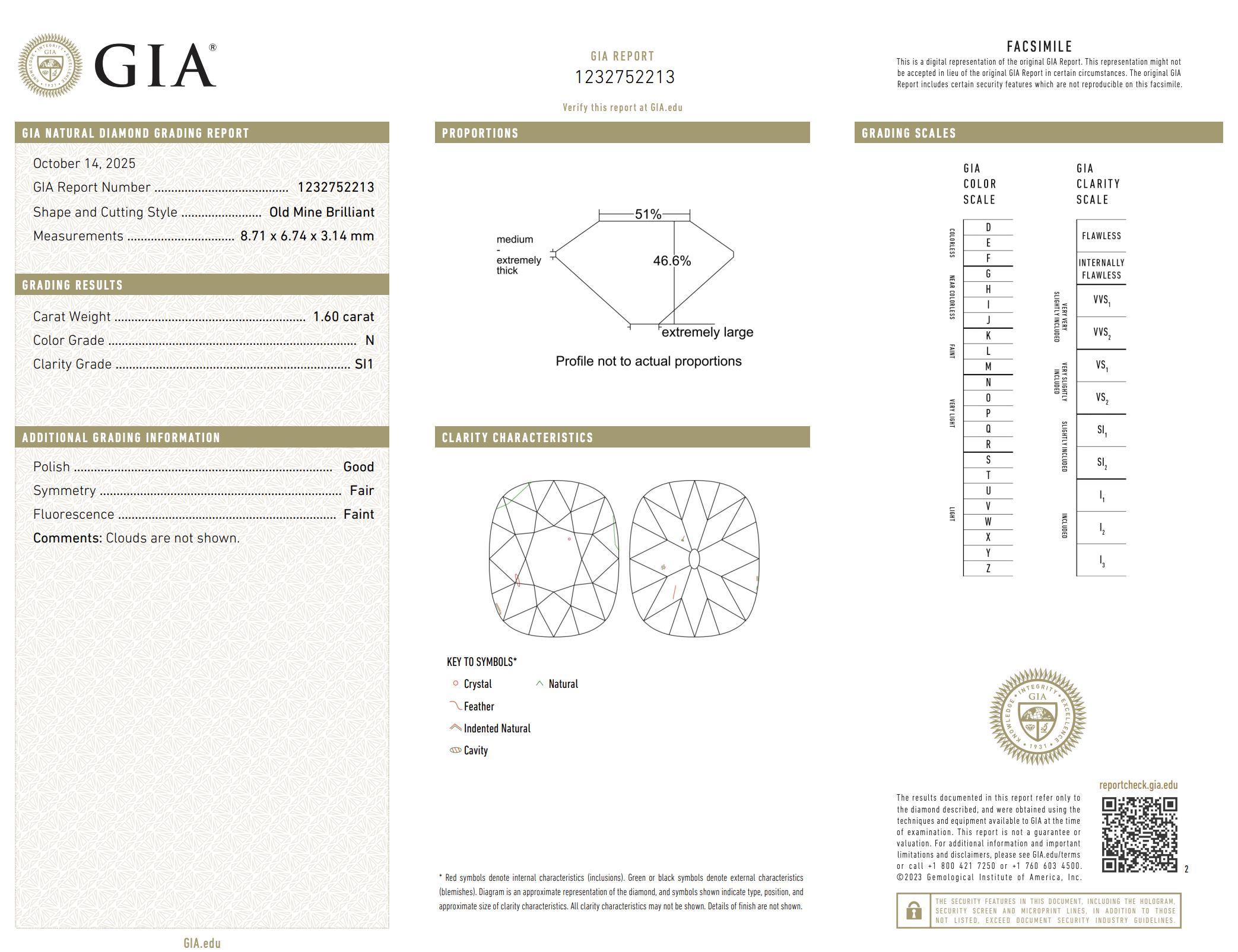 Art Deco GIA 1.60 carat old mine cut diamond platinum engagement ring Talla antigua en venta