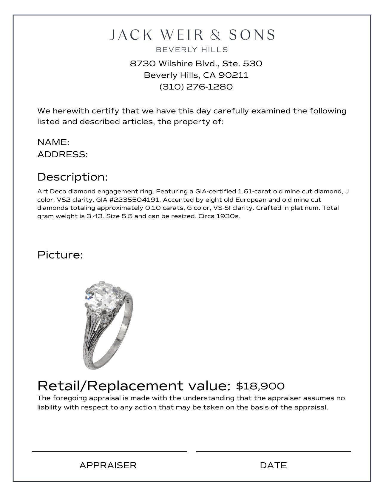Art Deco GIA 1.61 carat old mine diamond platinum engagement ring 1