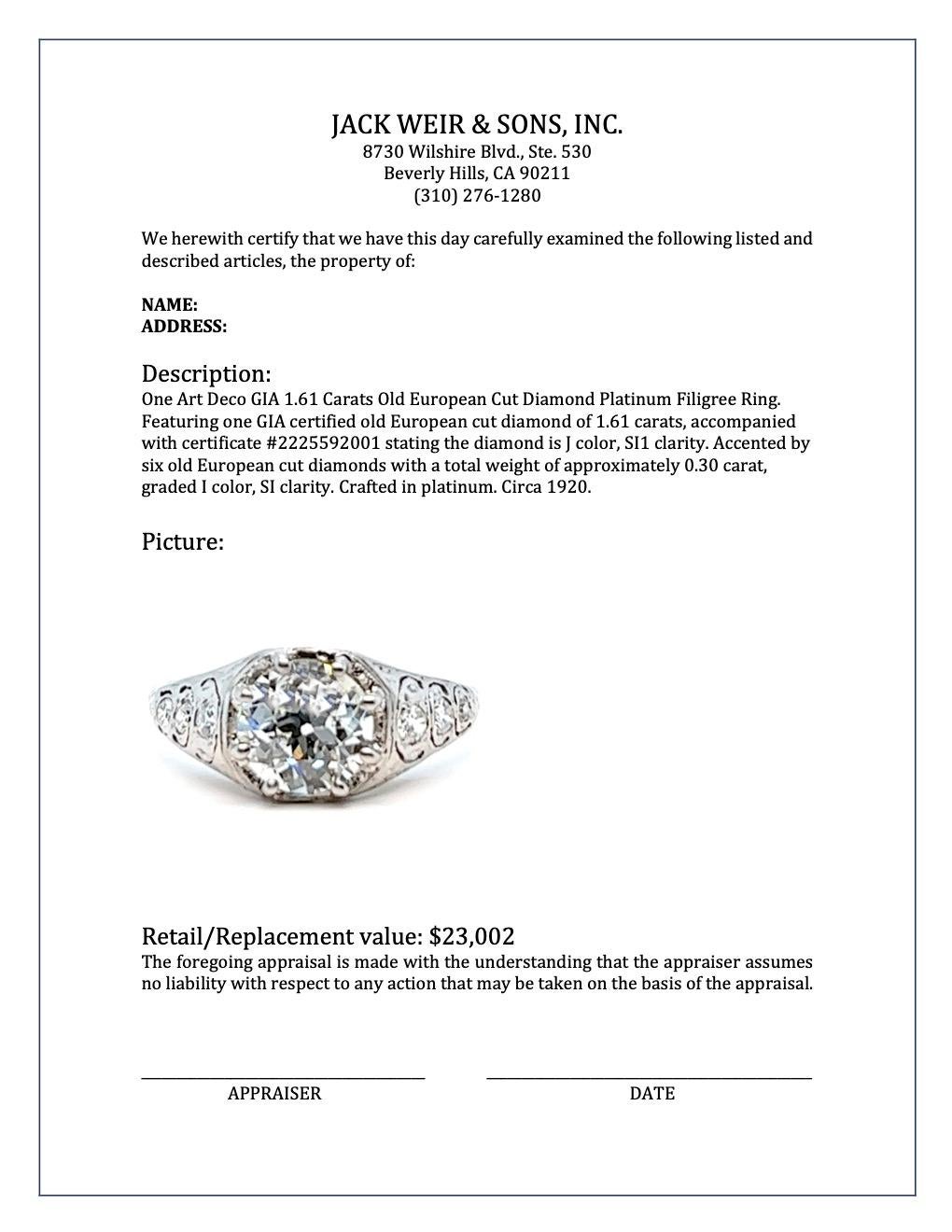 Art Deco GIA 1.61 Carats Old European Cut Diamond Platinum Filigree Ring 4