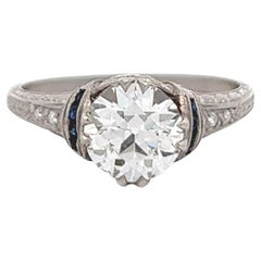 Art Deco GIA 1.61 Carats Old European Cut Diamond Sapphire Platinum Ring