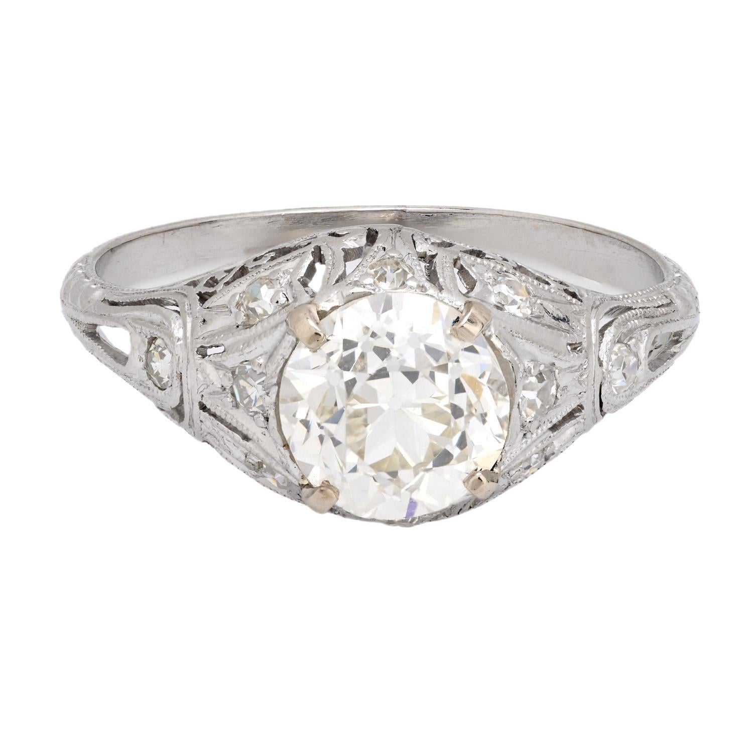 Art Deco Verlobungsring, GIA 1,62 Karat Diamant Platin (Art déco) im Angebot