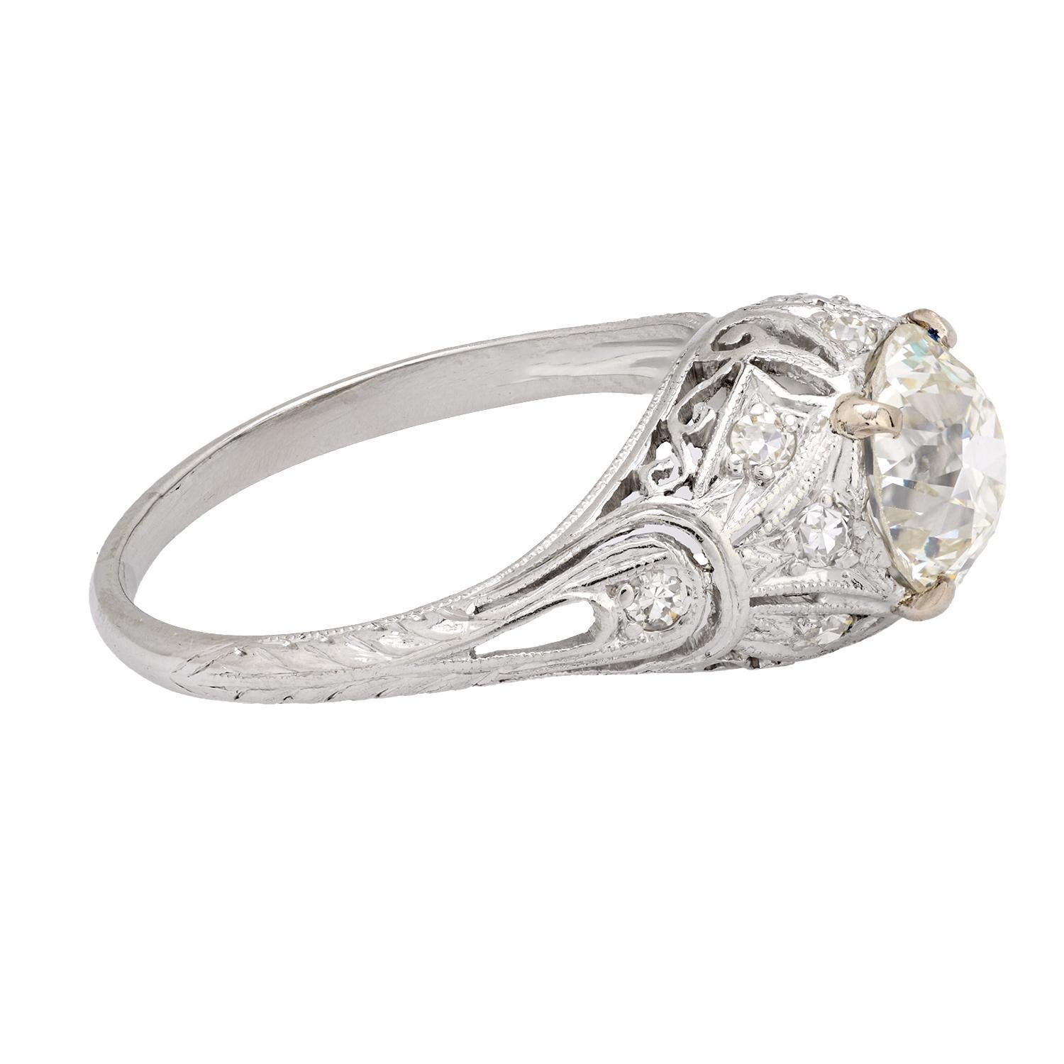 Art Deco Verlobungsring, GIA 1,62 Karat Diamant Platin im Zustand „Gut“ im Angebot in Beverly Hills, CA