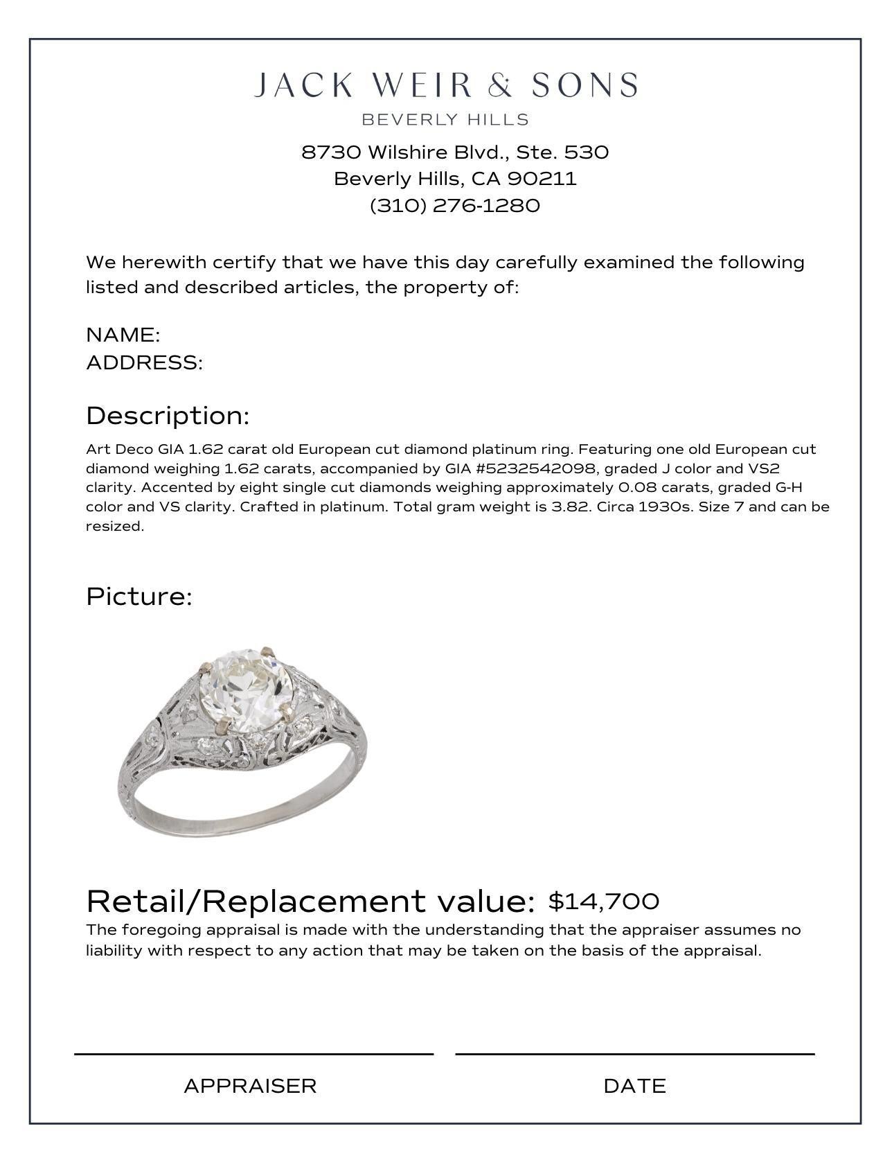 Art Deco Verlobungsring, GIA 1,62 Karat Diamant Platin Damen im Angebot