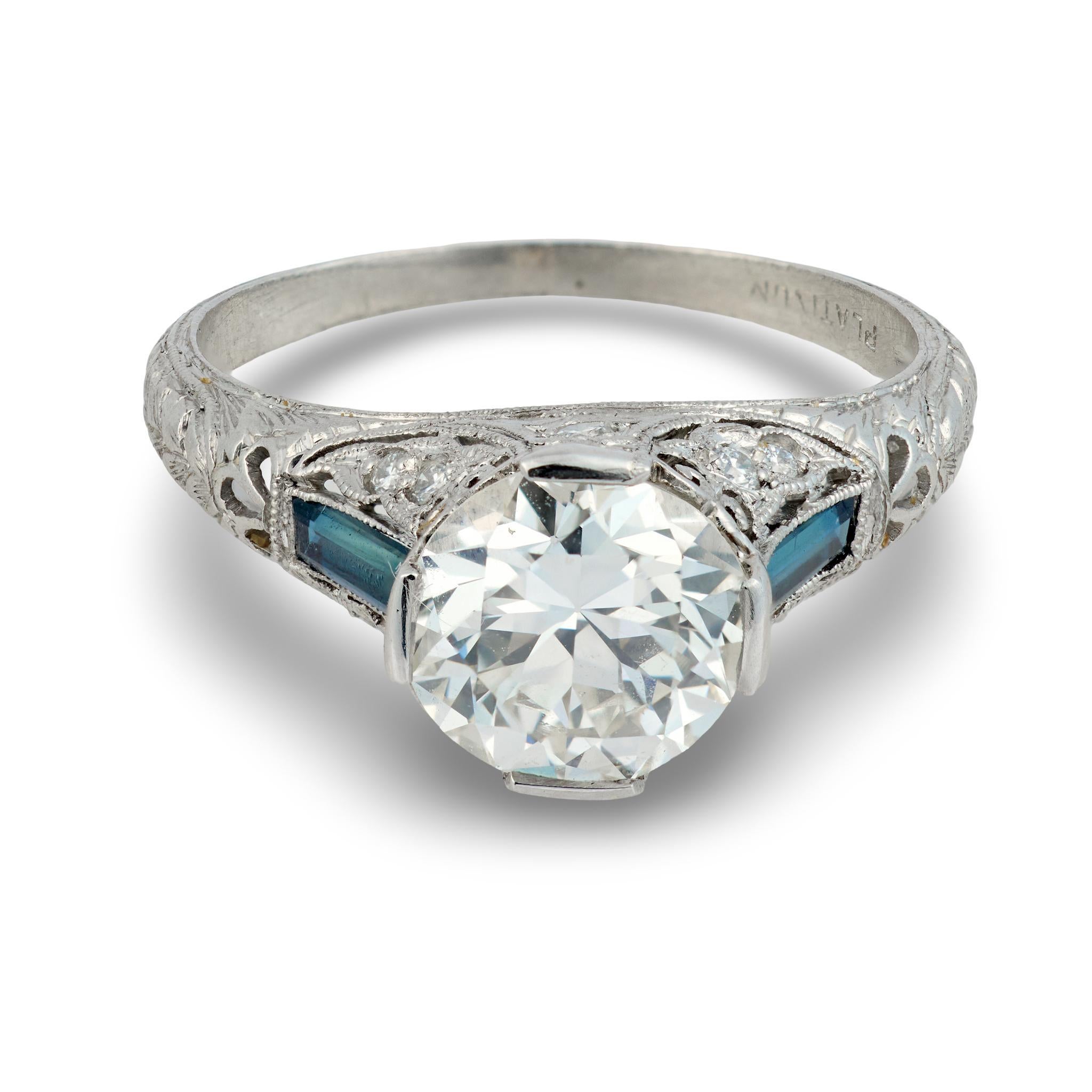 Art Deco GIA Anillo de compromiso de platino con zafiro y diamante de 1.66 quilates Art Decó en venta