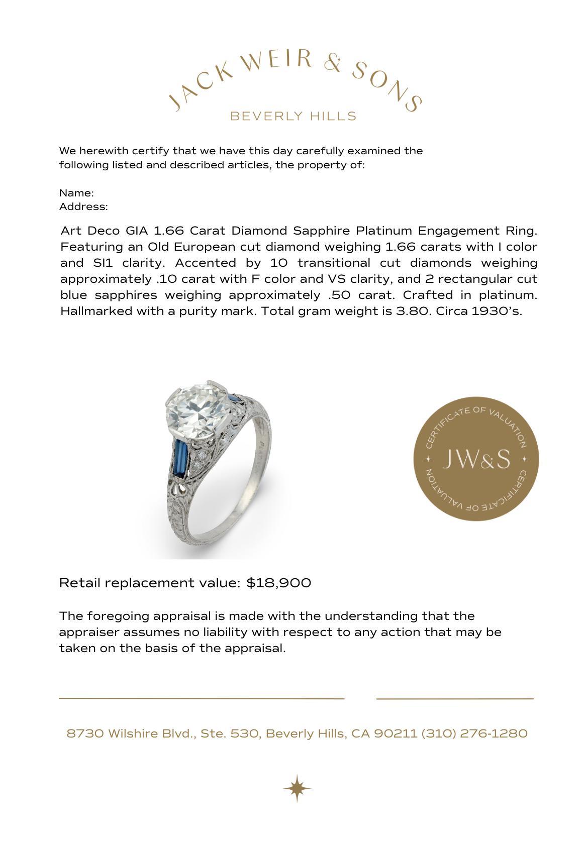 Art Deco GIA Anillo de compromiso de platino con zafiro y diamante de 1.66 quilates en venta 2