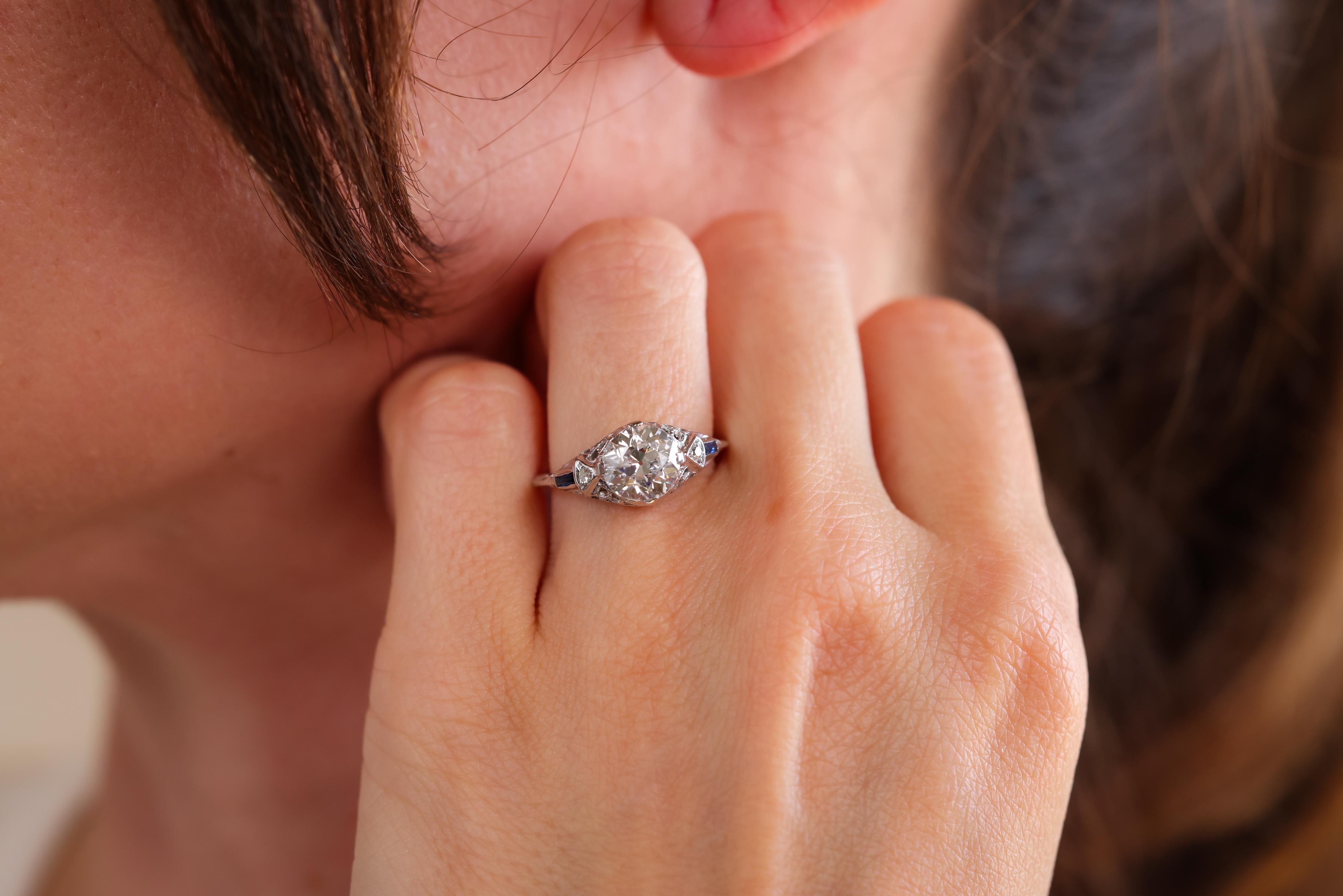 Old European Cut Art Deco GIA 1.66 Carat Old European Diamond Sapphire White Gold Engagement Ring