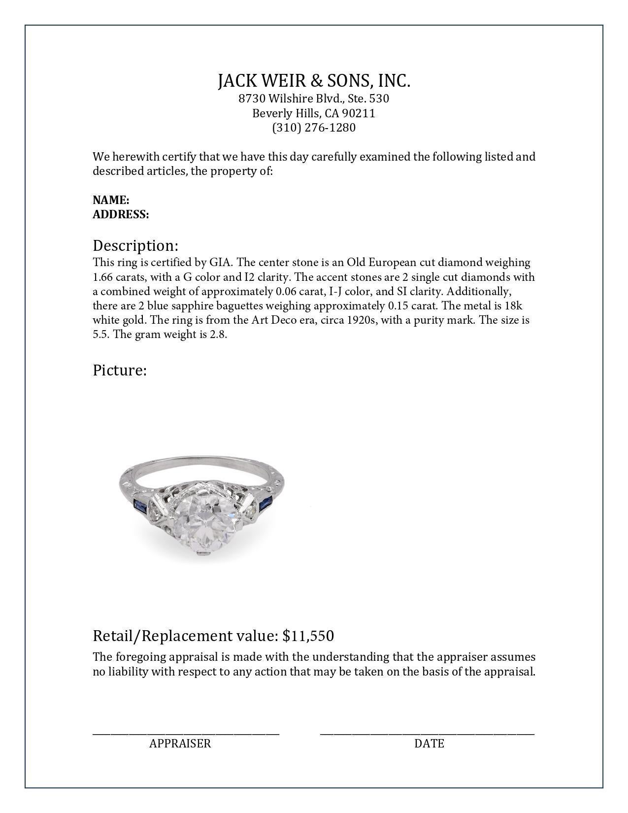 Art Deco GIA 1.66 Carat Old European Diamond Sapphire White Gold Engagement Ring In Excellent Condition In Beverly Hills, CA