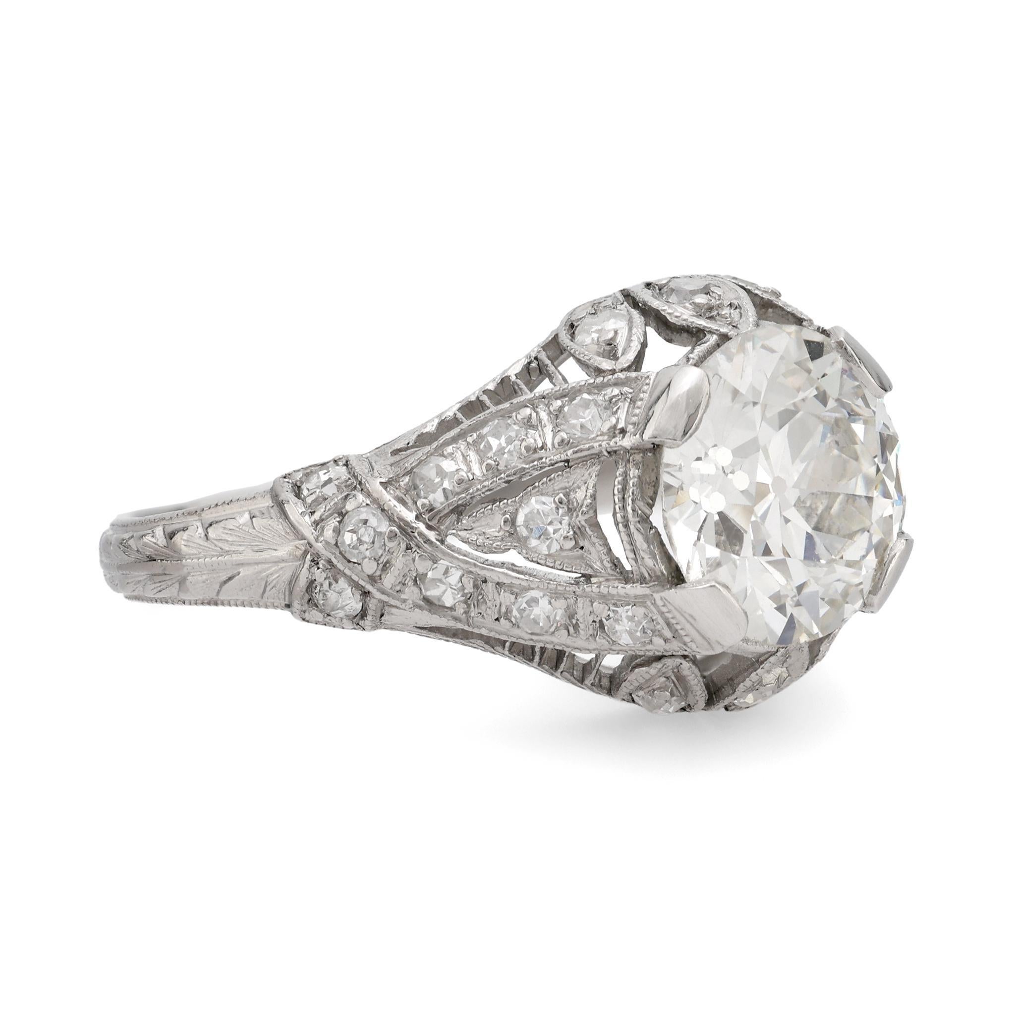 Brilliant Cut Art Deco GIA 1.67 carat circular brilliant cut diamond platinum filigree ring