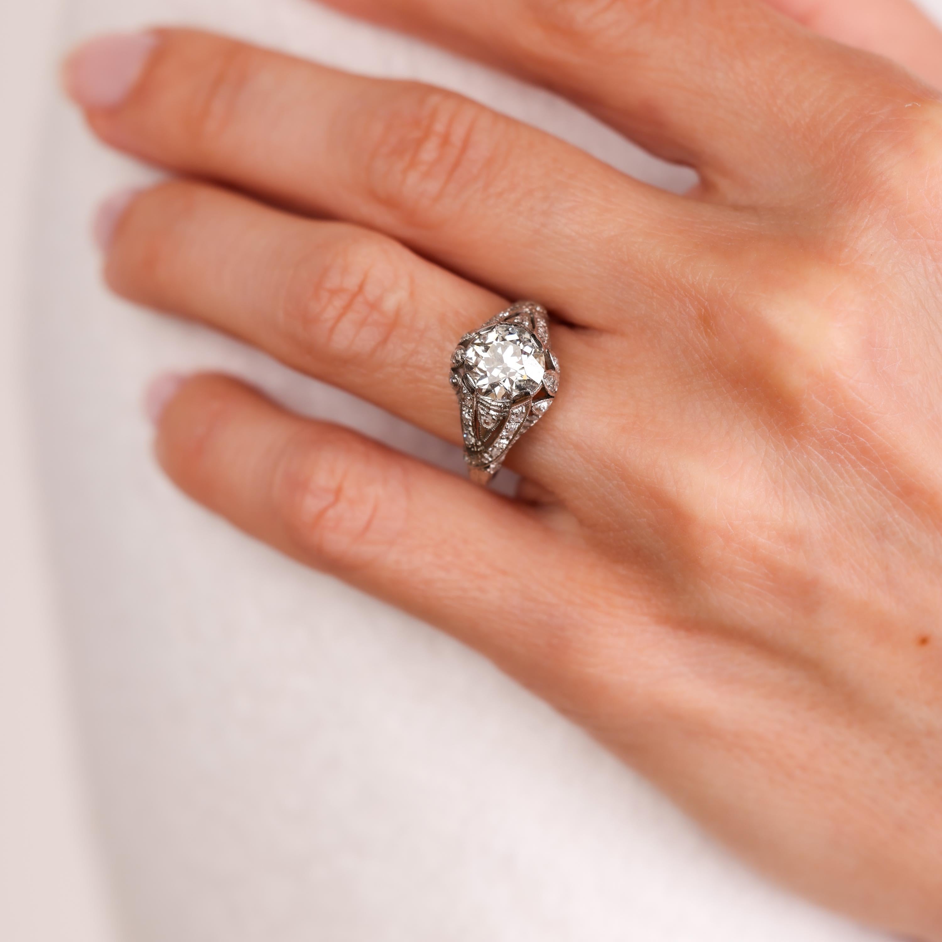 Art Deco GIA 1.67 carat circular brilliant cut diamond platinum filigree ring In Excellent Condition In Beverly Hills, CA