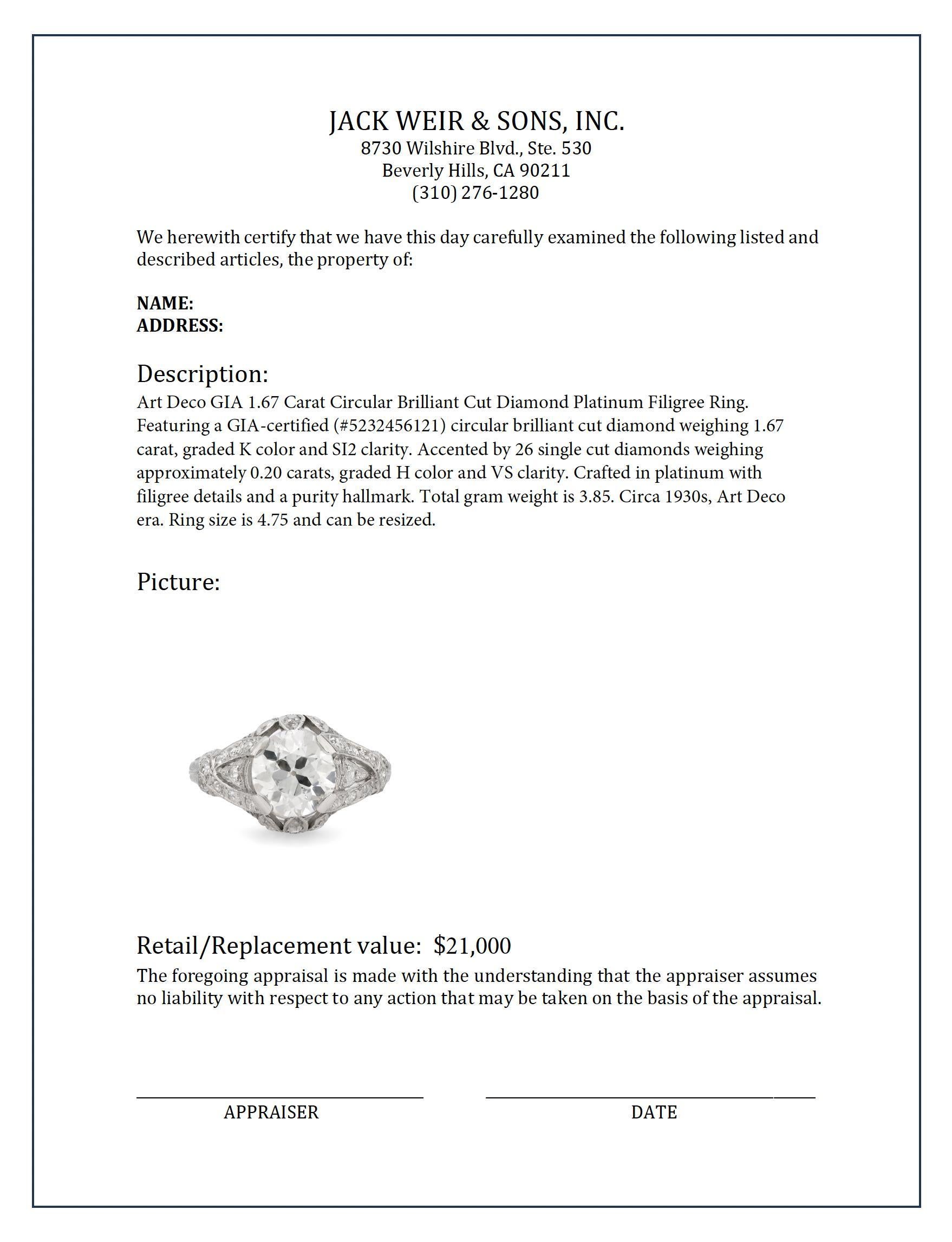 Women's or Men's Art Deco GIA 1.67 carat circular brilliant cut diamond platinum filigree ring