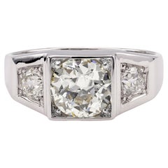 Art Deco GIA 1.67 Carat Old European Cut Diamond 18k White Gold Three Stone Ring