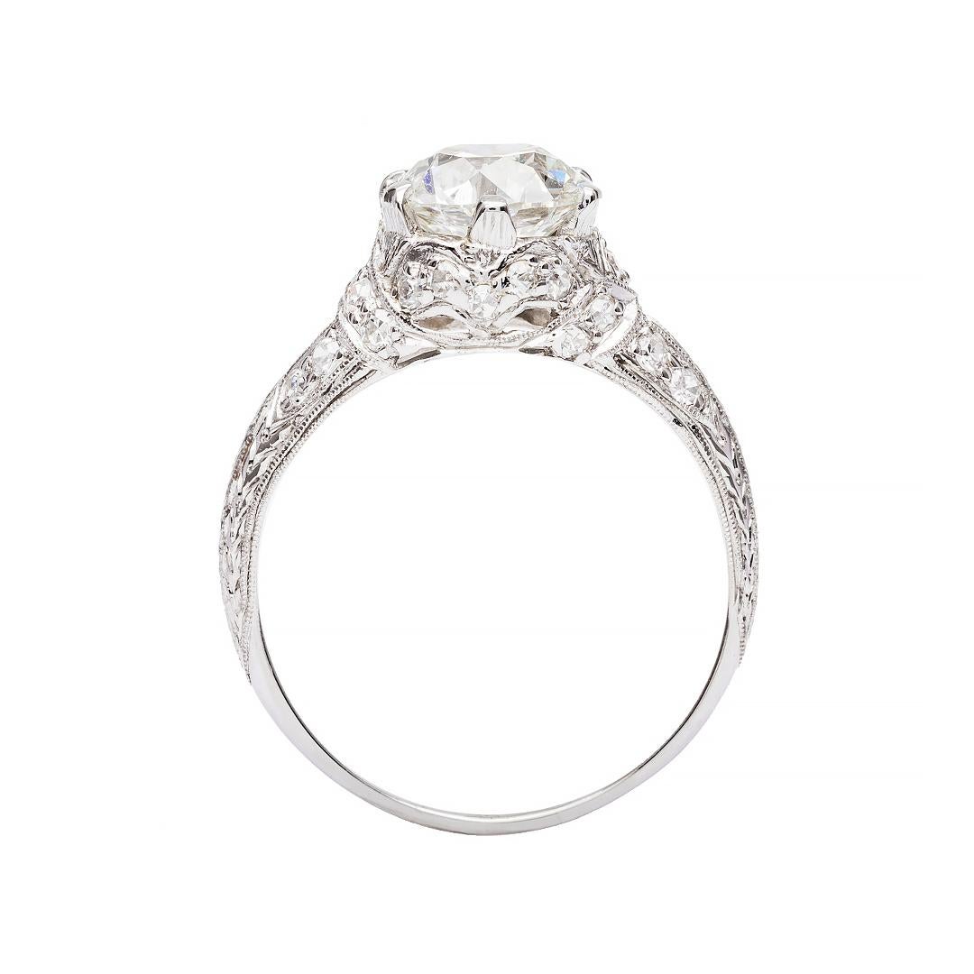 Art Deco GIA 1.68 Carat Old European J VS1 Diamond Platinum Engagement Ring In Excellent Condition In Beverly Hills, CA