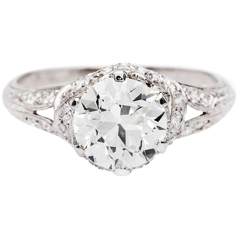 Art Deco GIA 1.68 Carat Old European J VS1 Diamond Platinum Engagement Ring