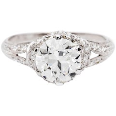 Art Deco GIA 1.68 Carat Old European J VS1 Diamond Platinum Engagement Ring