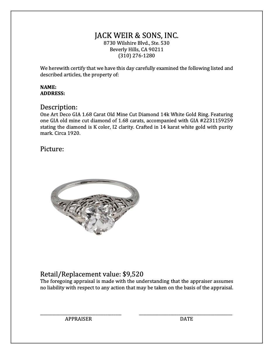Art Deco GIA 1.68 Carat Old Mine Cut Diamond Ring For Sale 3