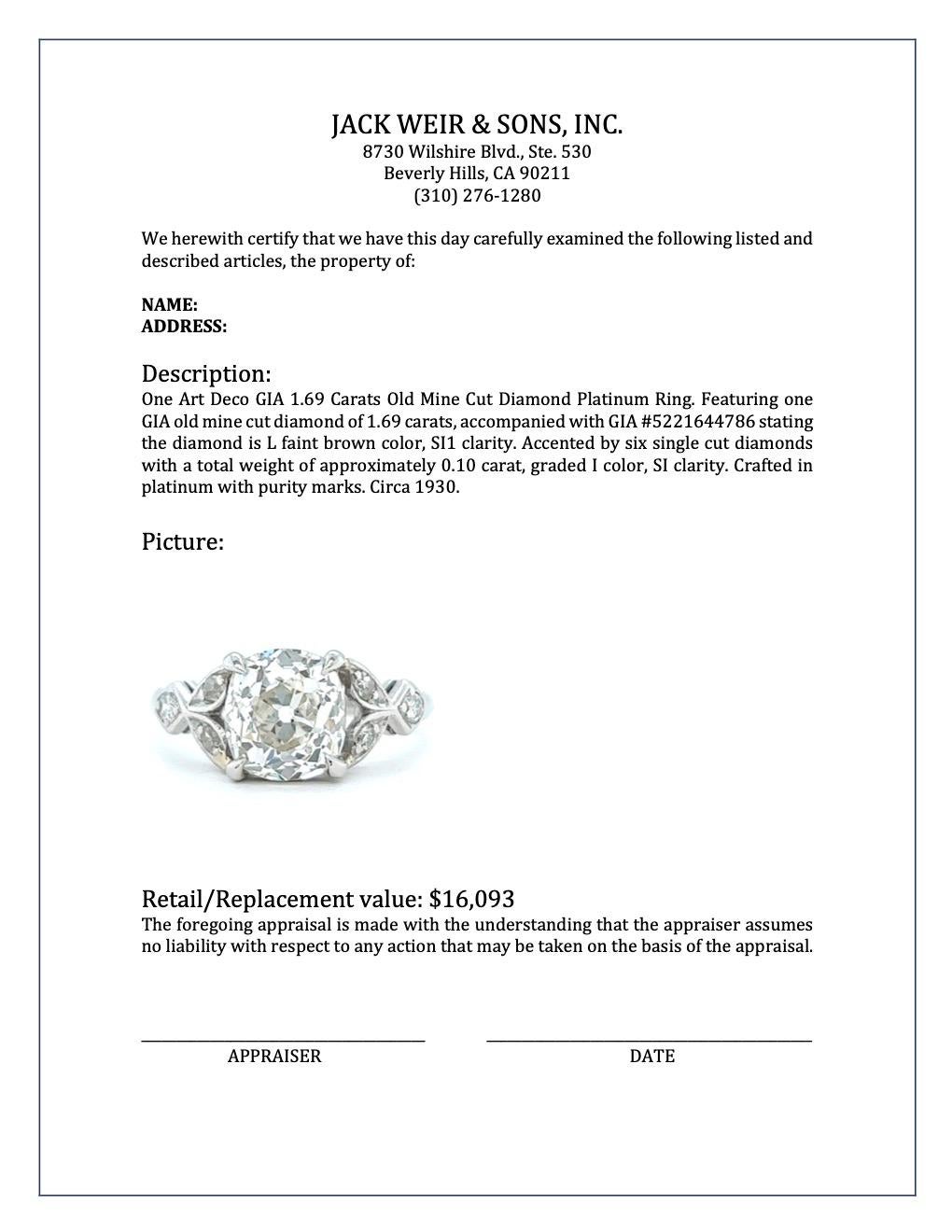 Art Deco GIA 1.69 Carats Old Mine Cut Diamond Platinum Ring 4