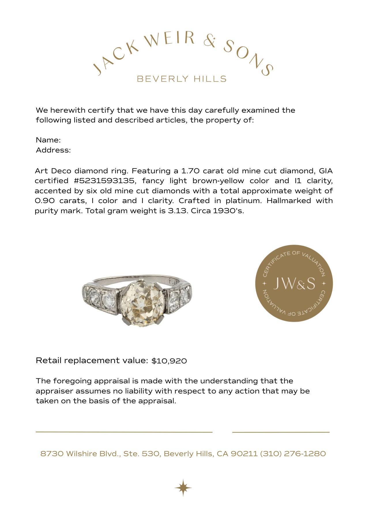 De las mujeres Anillo de compromiso de platino con diamante talla mina antigua Art Déco GIA de 1.70 quilates en venta
