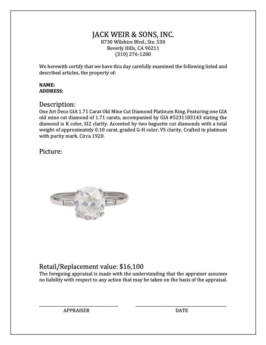 Art Deco GIA 1.71 Carat Old Mine Cut Diamond Platinum Ring For Sale 4