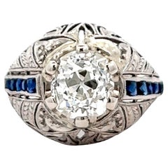 Art Deco GIA 1.72 Carats Old Mine Cut Diamond Sapphire Platinum Filigree Ring