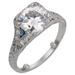Art Deco GIA 1.75 carat old European cut diamond sapphire engagement ring