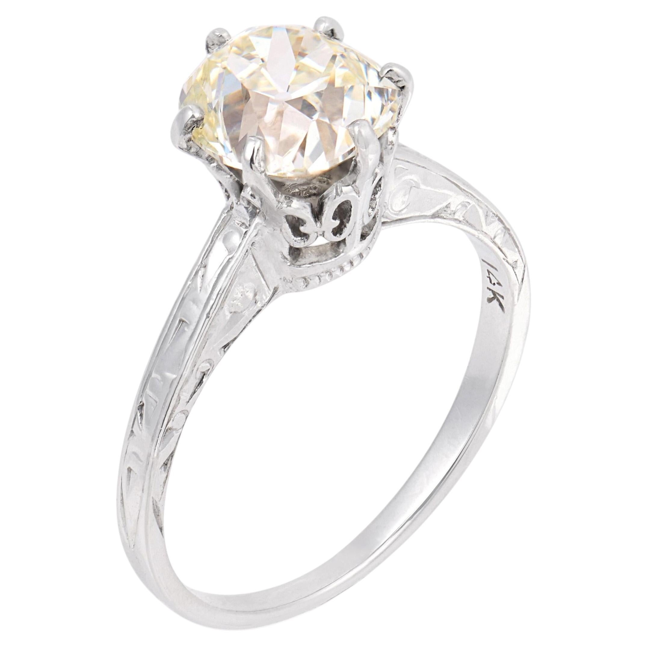 Bague de fiançailles Art déco GIA 1,76 carat diamant taille ancienne 14k or blanc en vente