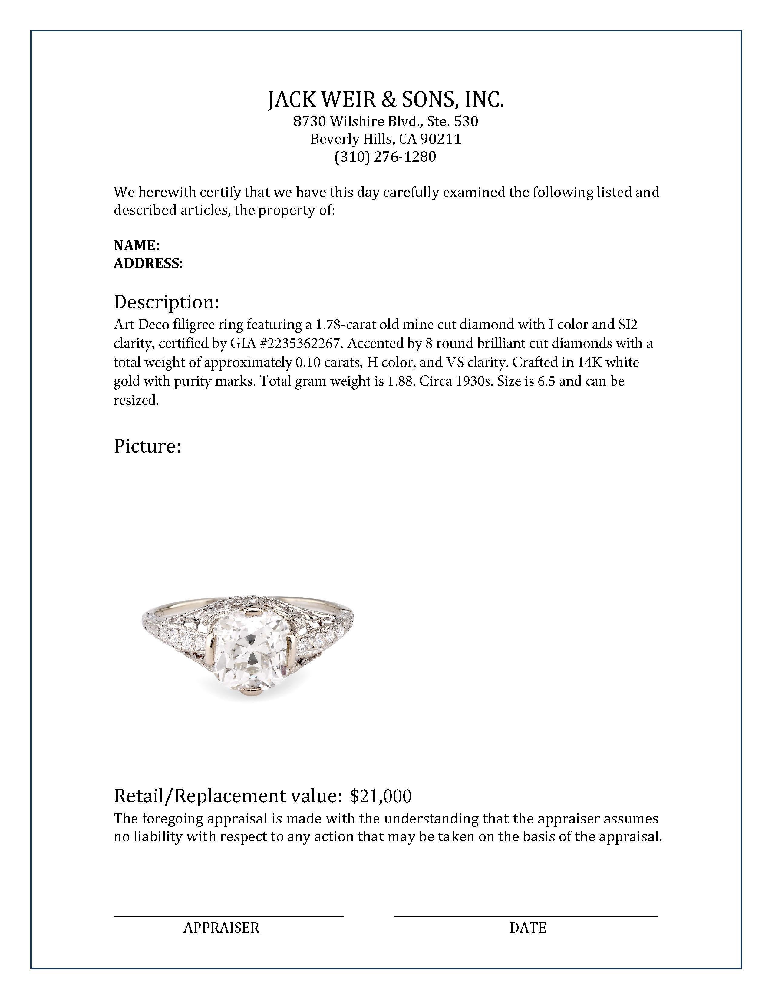 Art Deco GIA 1.78 Carat Old Mine Cut Diamond 14K White Gold Filigree Ring 1