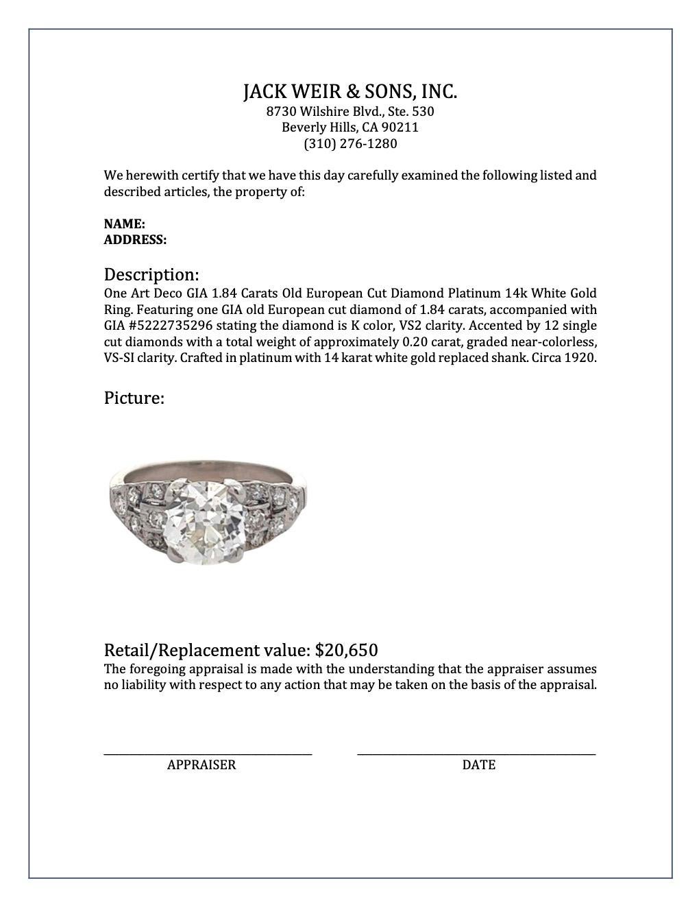 Bague Art Déco GIA 1,84 carats en or blanc 14k platine avec diamant taille européenne ancienne 2