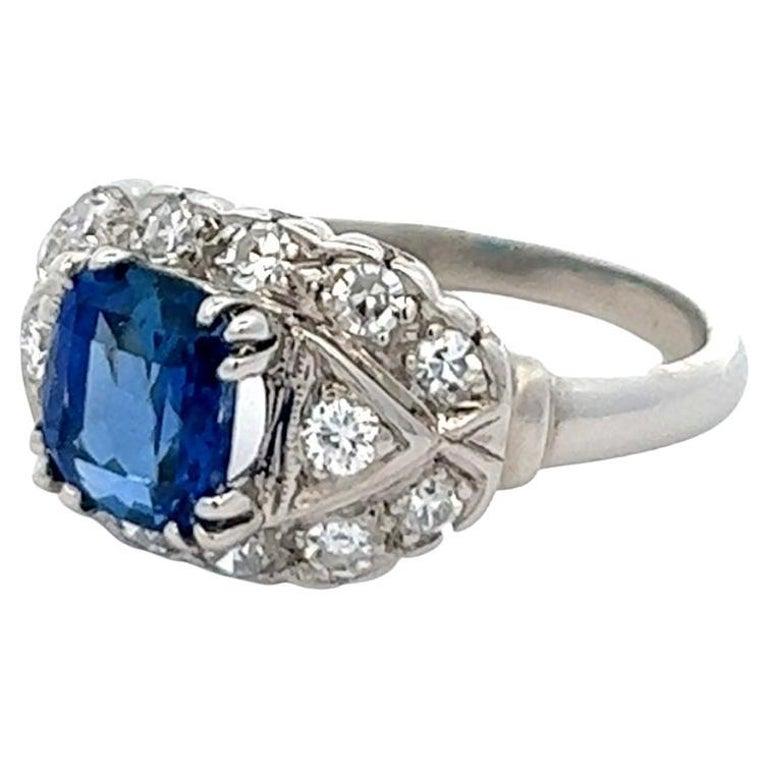 Women's or Men's Art Deco GIA 1.87 Carats Burma No Heat Sapphire Diamond Platinum Ring