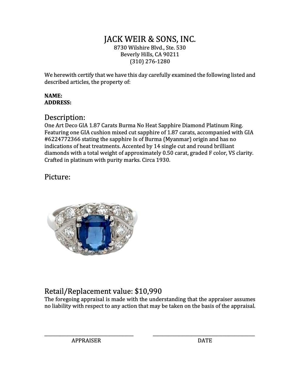 Art Deco GIA 1.87 Carats Burma No Heat Sapphire Diamond Platinum Ring 3