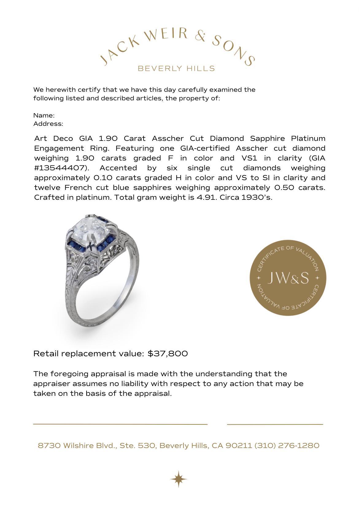 Bague de fiançailles en platine Art déco GIA 1.90 carat Asscher cut diamond spphire en vente 3