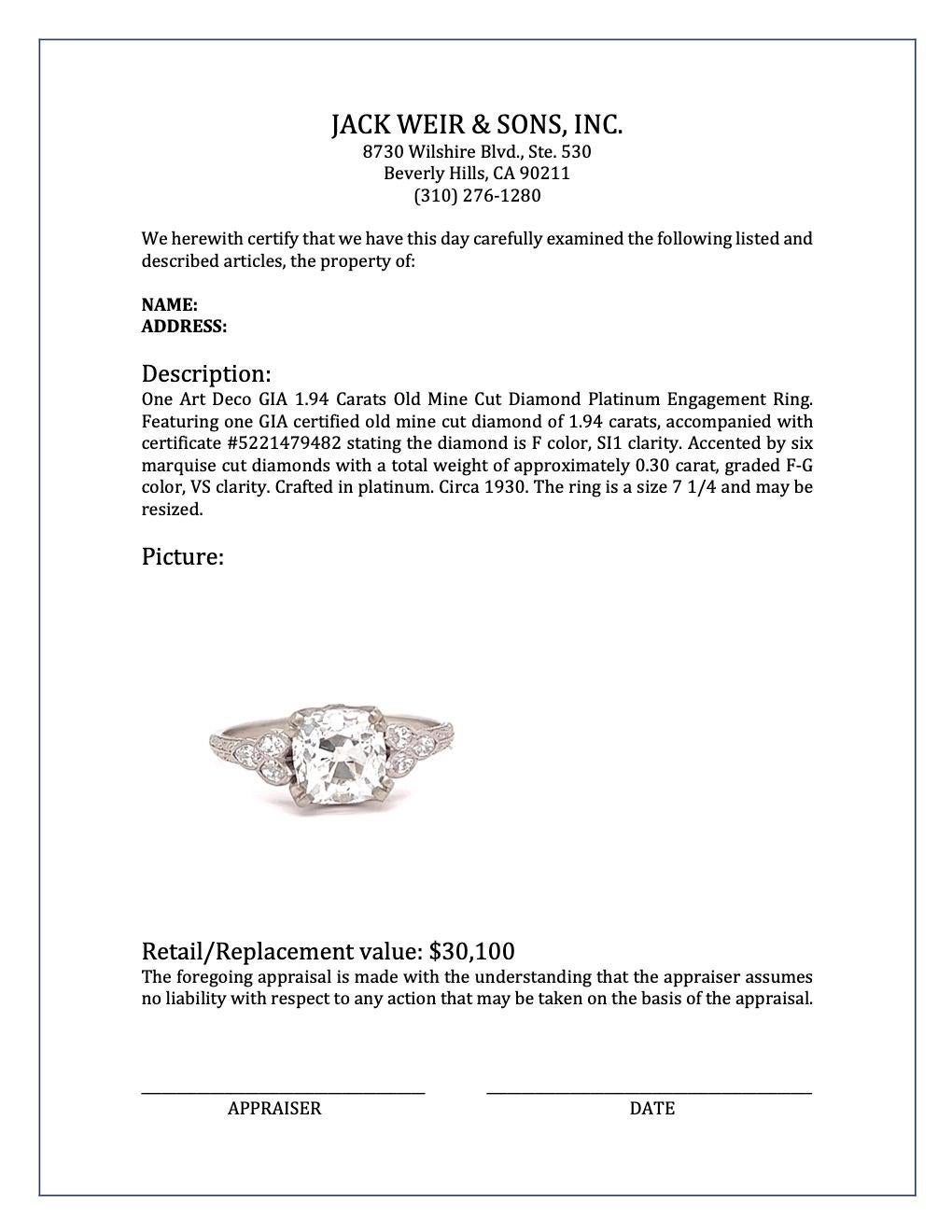 Art Deco GIA 1.94 Carats Old Mine Cut Diamond Platinum Engagement Ring 5