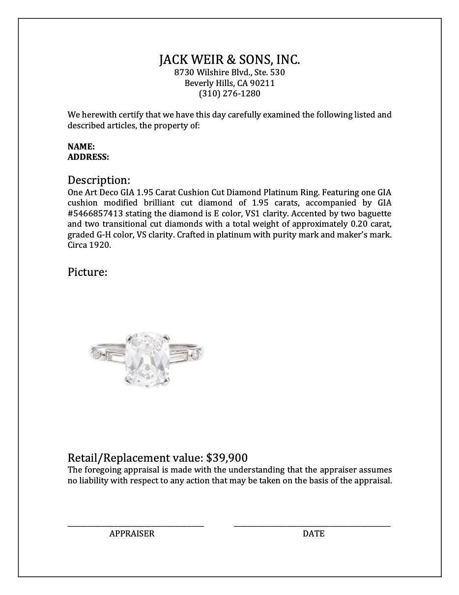 Art Deco GIA 1.95 Carat Cushion Cut Diamond Platinum Ring For Sale 3