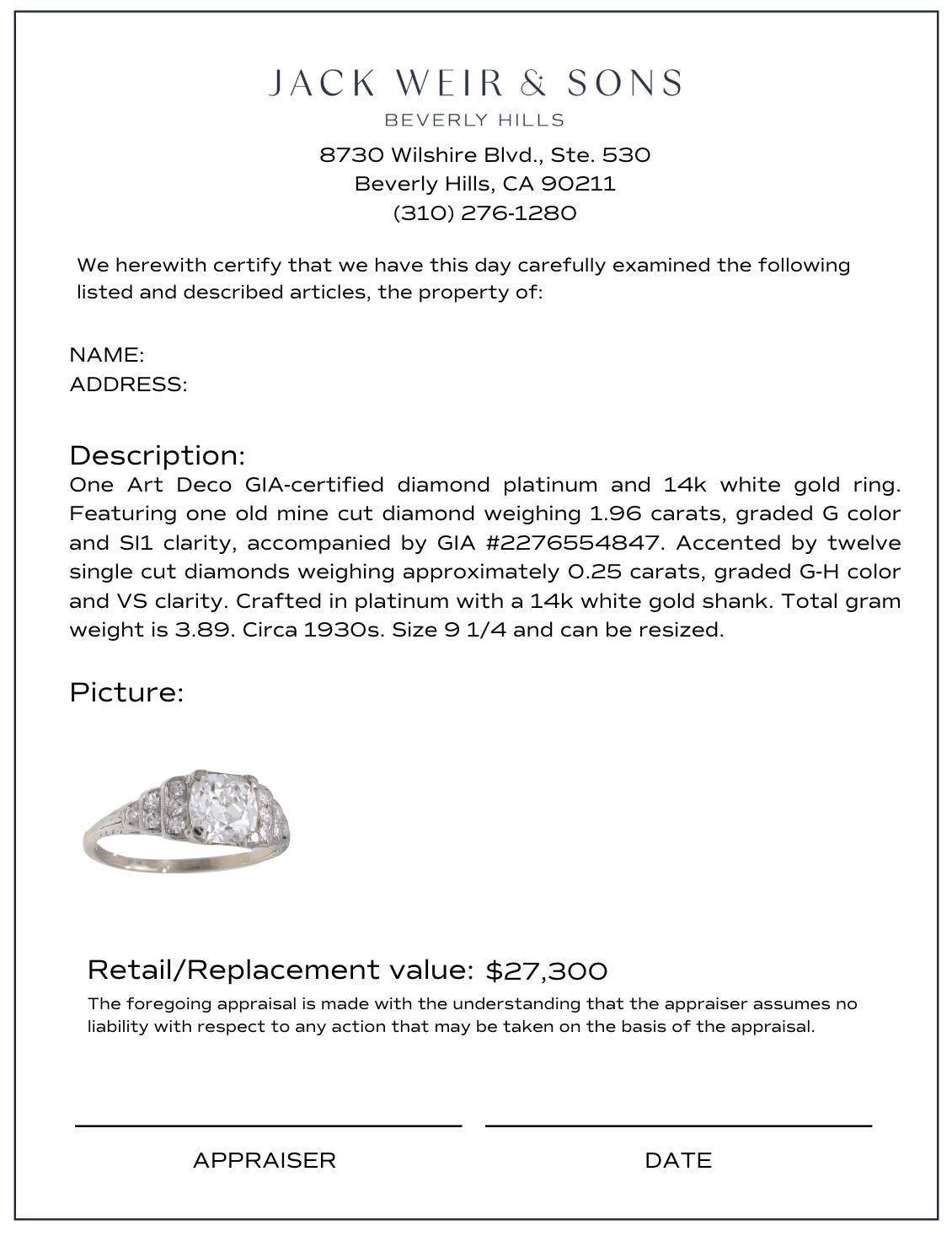Art Deco GIA 1.96 carat diamond platinum engagement ring Damen im Angebot