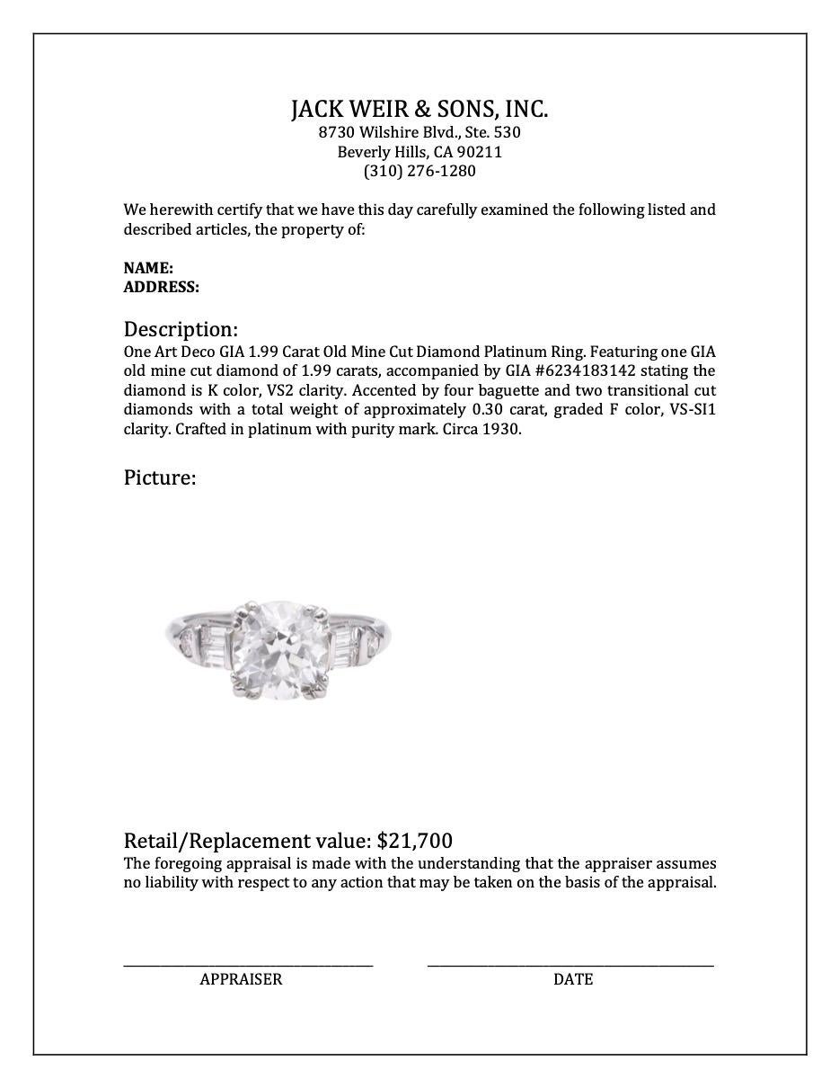 Platinring mit GIA 1.99 Karat Diamant im Altminenschliff im Art déco-Stil 2