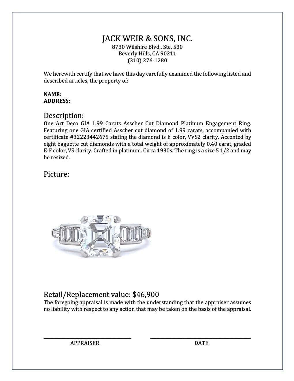 Art Deco GIA 1.99 Carats Asscher Cut Diamond Platinum Engagement Ring 5