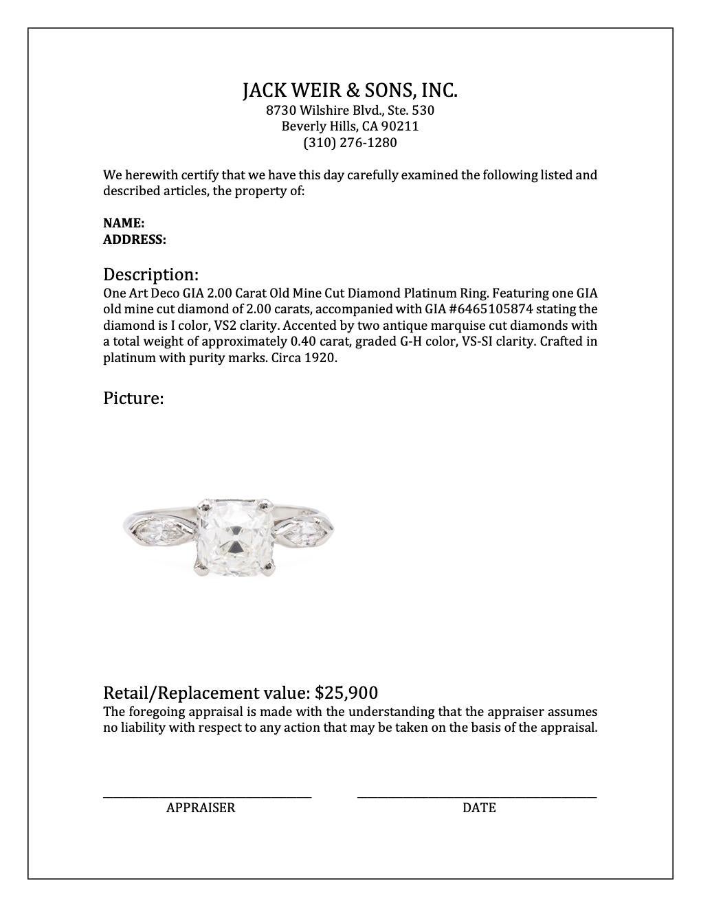 Art Deco GIA 2.00 Carat Old Mine Cut Diamond Platinum Ring For Sale 3