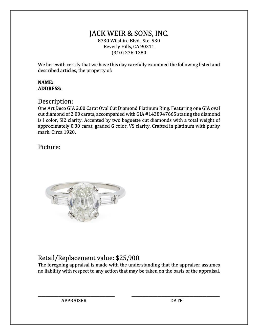 Art Deco GIA 2.00 Carat Oval Cut Diamond Platinum Ring For Sale 4