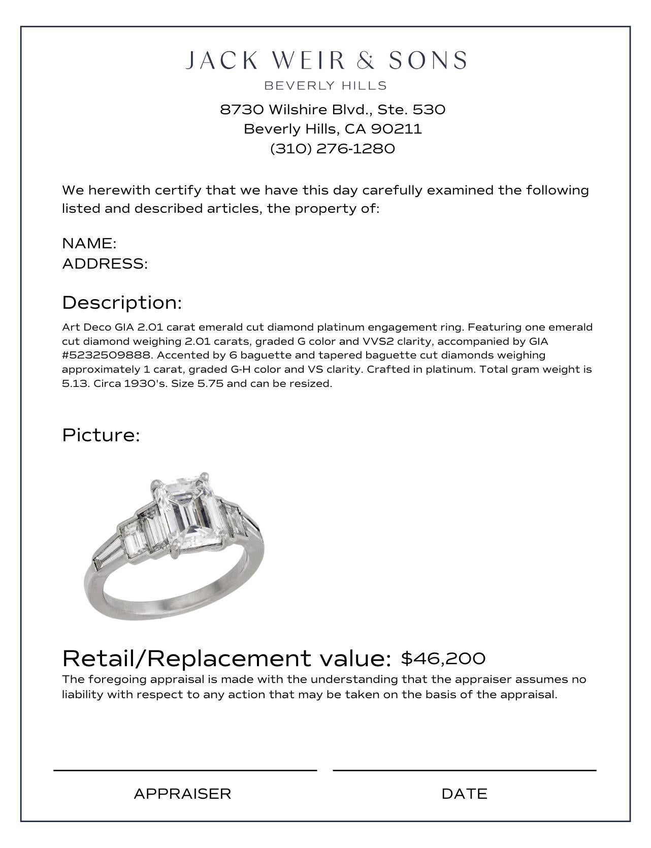 Bague de fiançailles Art déco en platine avec diamant taille émeraude de 2,01 carats certifié GIA en vente 2