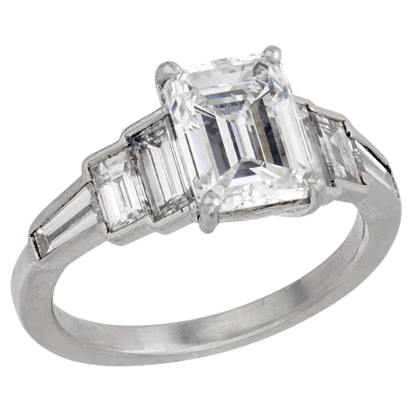 Art Deco GIA 2.01 carat emerald cut diamond platinum engagement ring