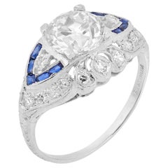 Art Deco GIA 2,01 Karat alter Euroschliff Diamant Saphir Platin Verlobungsring