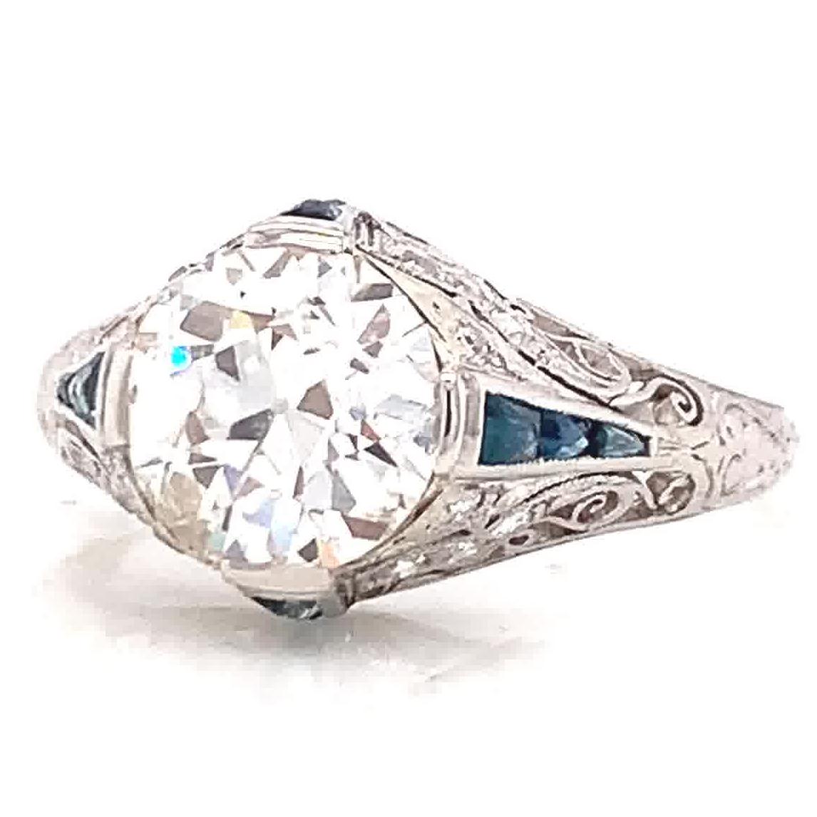 Women's or Men's Art Deco GIA 2.03 Carat Old European Cut Diamond Sapphire Engagement Ring