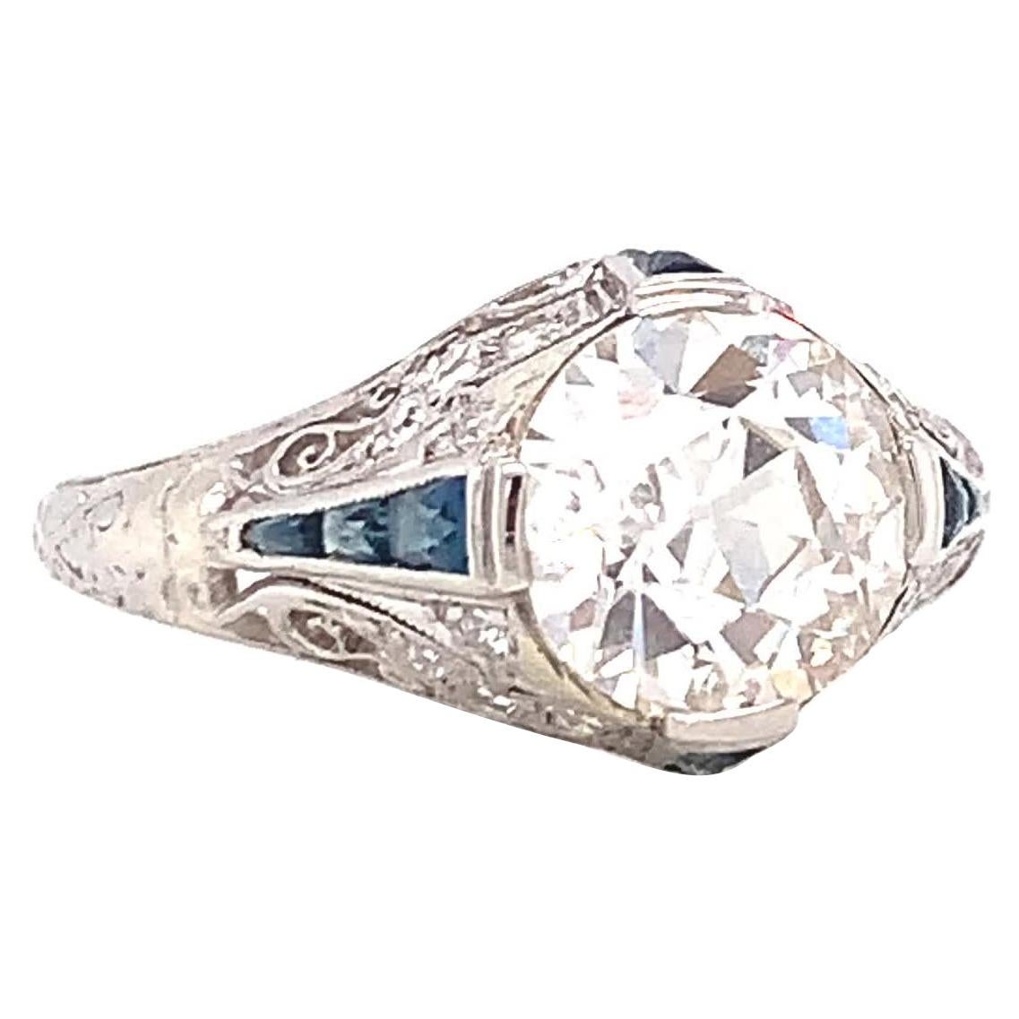 Art Deco GIA 2.03 Carat Old European Cut Diamond Sapphire Engagement Ring